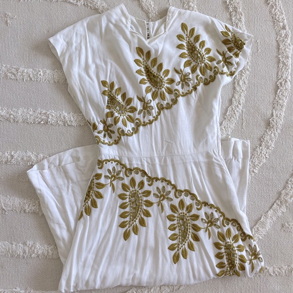 Vintage Original Franklin Chicago White Linen Midi Dress w/ Detailed Embroidery - Picture 1 of 7